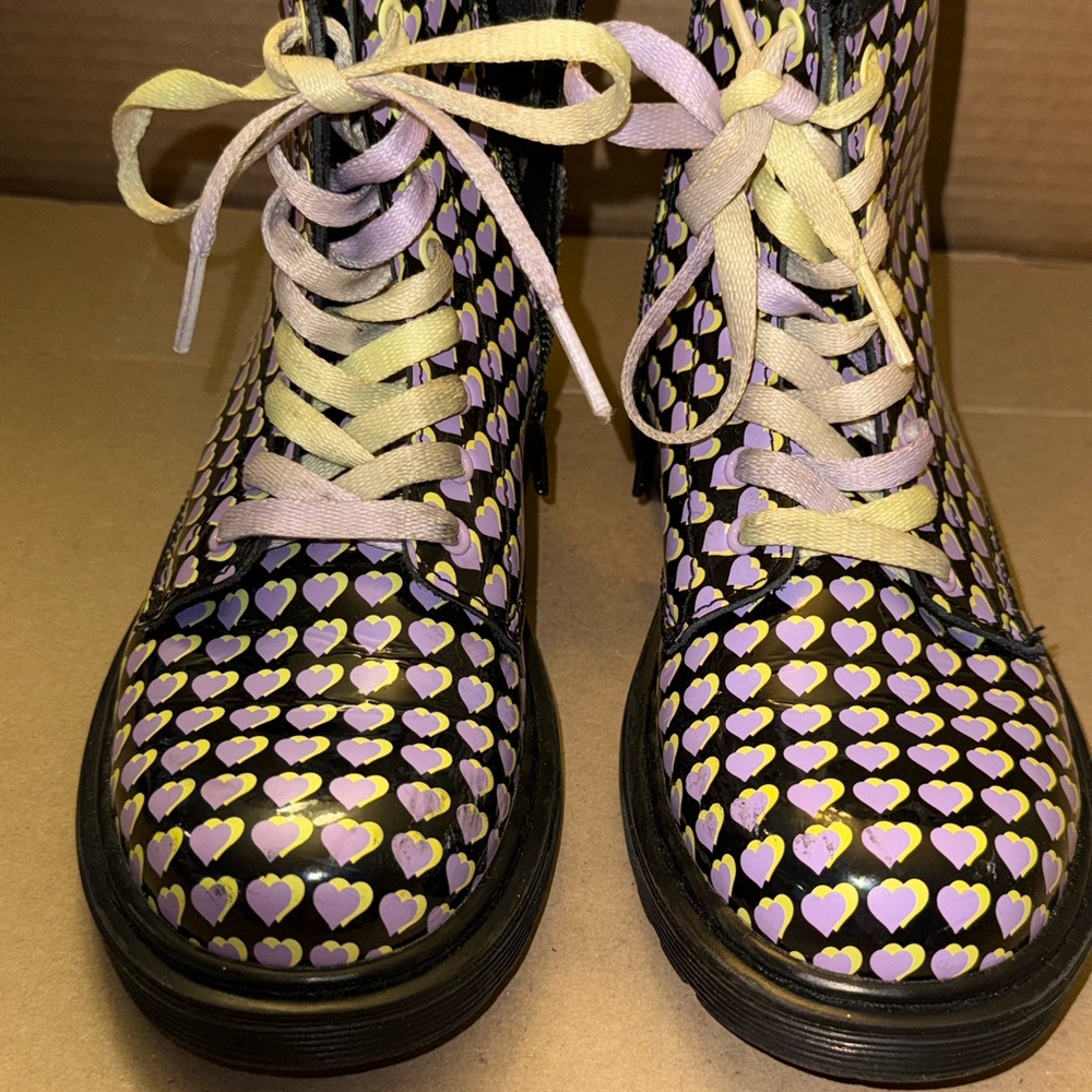 Dr. Martens Girls Purple and Yellow Heart Combat Boots Size 2